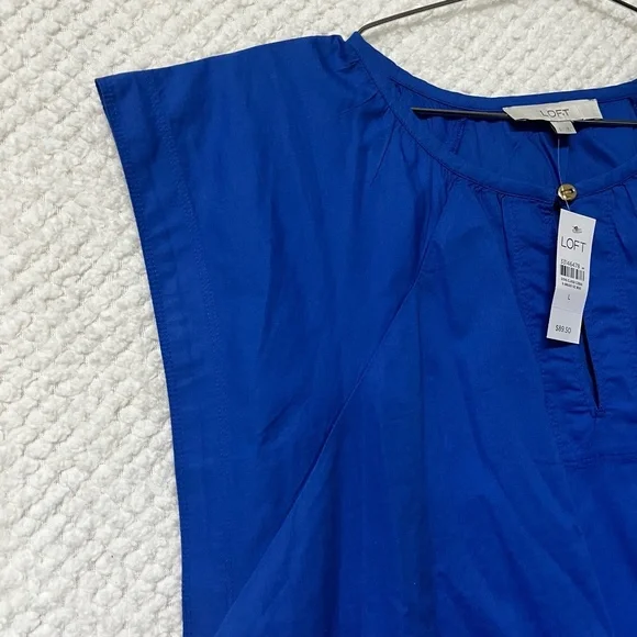 LOFT Royal Blue Flutter Sleeve Split Neck Swing Dress Large Cotton Blend NWT - Picture 7 of 11